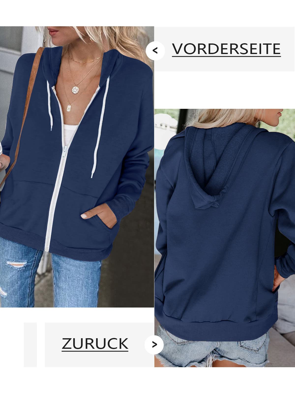 Uusollecy Sweats Capuche Femme Sweat Zippé Veste Casual Manches Longues Décontracté Sweat-Shirt avec Poches Couleur Unie Printemps, Automne et Hiver
