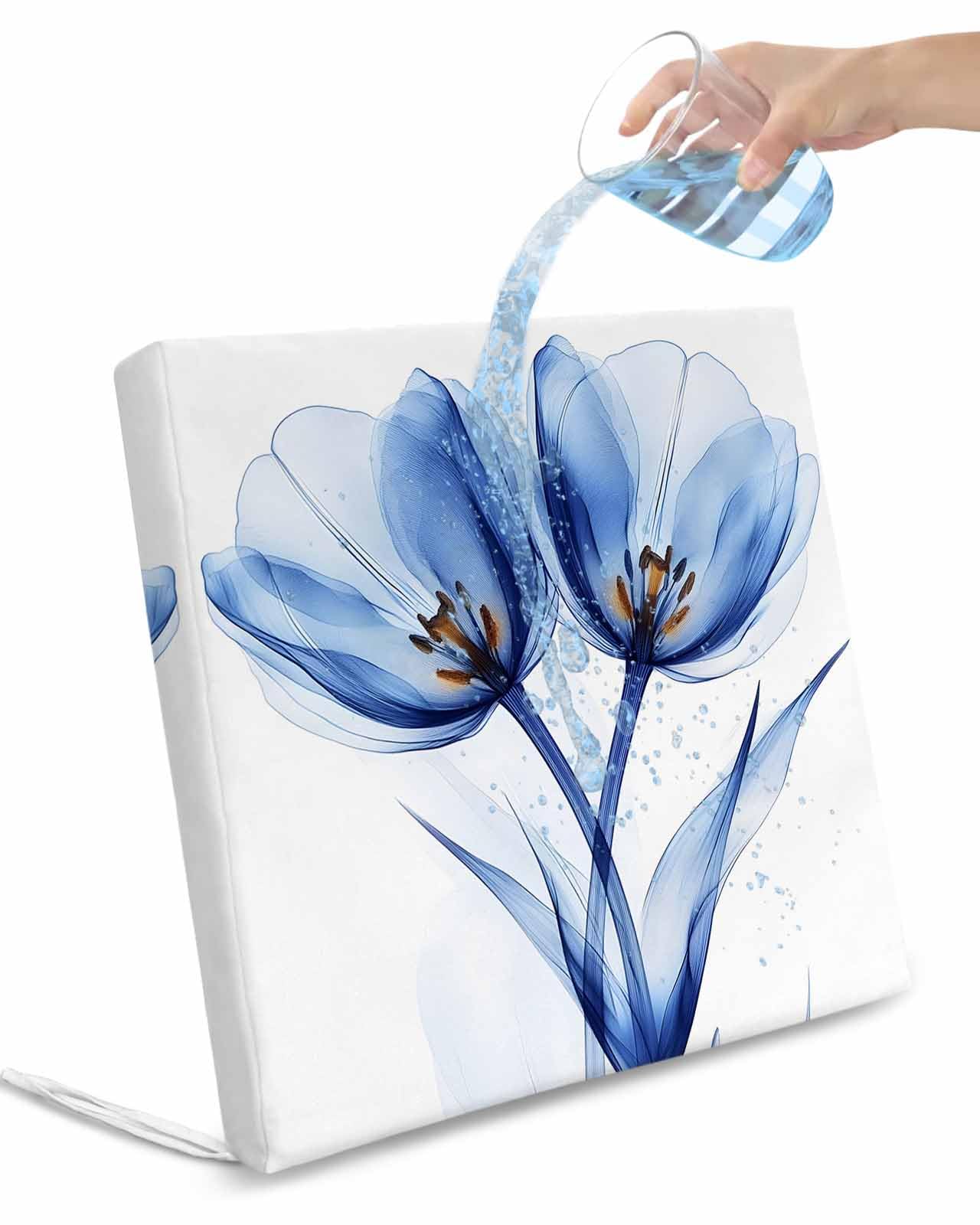 2 Pack Blue Tulip Waterproof Cushion Covers with Ties, Outdoor Patio Chaise Lounge Chair Seat Cushion Slip Covers Replacement(Only Cover) Minimalist Gradient Flowers Branch Plants 20