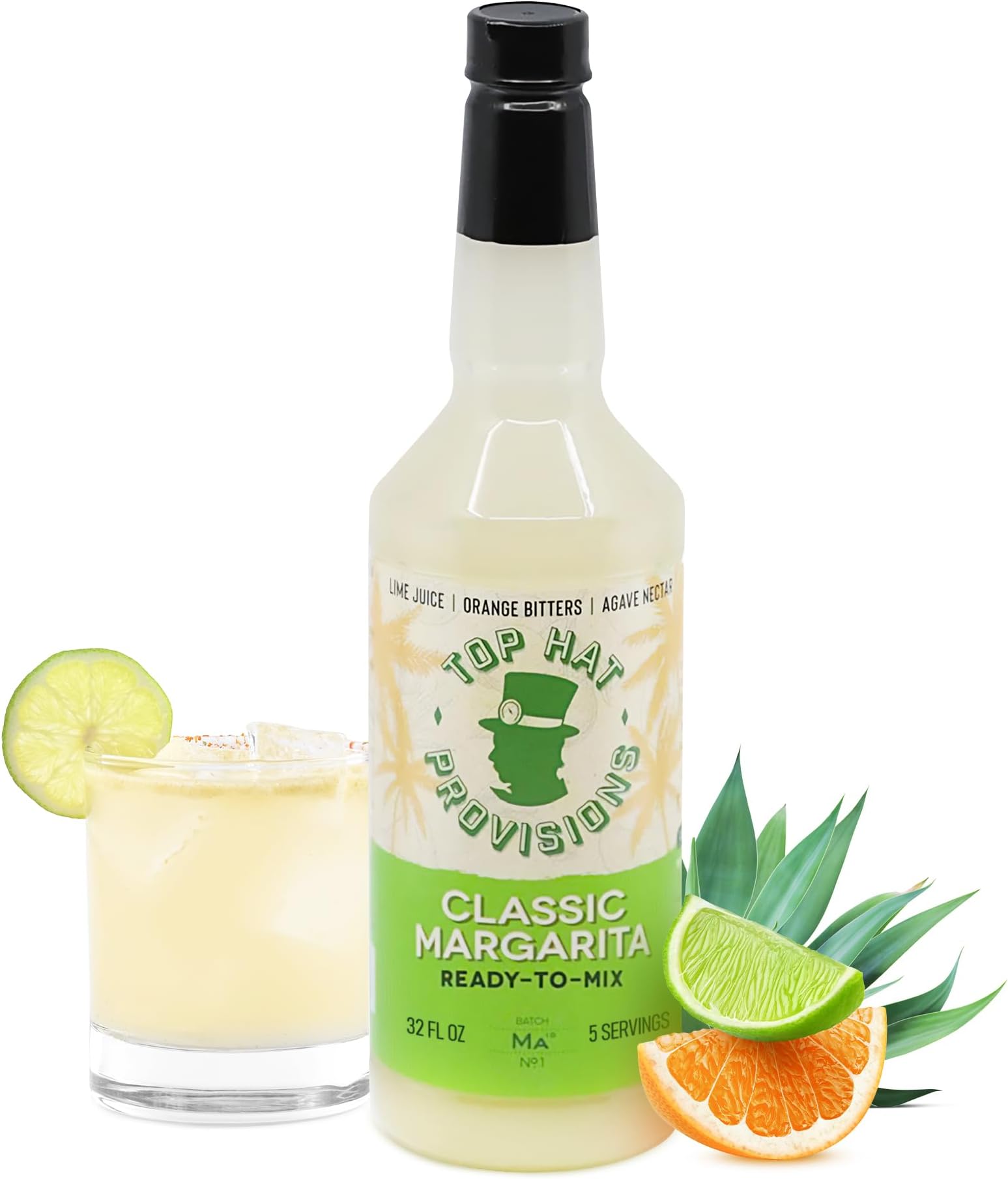 Top Hat Classic Agave Lime Margarita Mix - Handcrafted with Agave Nectar & Natural Lime Juice - Lower in Sugar and Carbs - Cocktail Mix - Margarita Mixer - 32oz Bottle