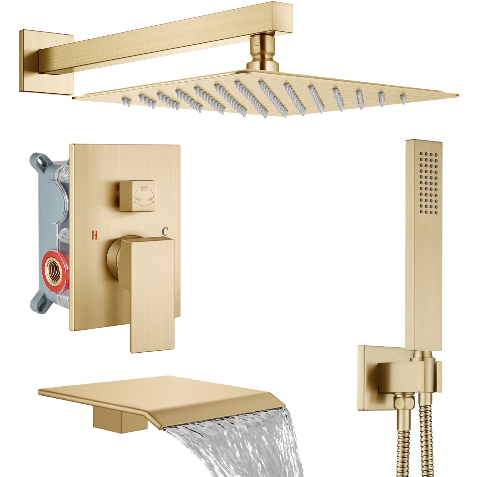 Sxithgkdw Brushed Gold Shower System With Tub Spout,Bathtub Shower Faucet Set With Square Rainfall Head And Handheld Sprayer Wall Mount Tub Faucet Set With Valve And Trim Kit,10 Inch