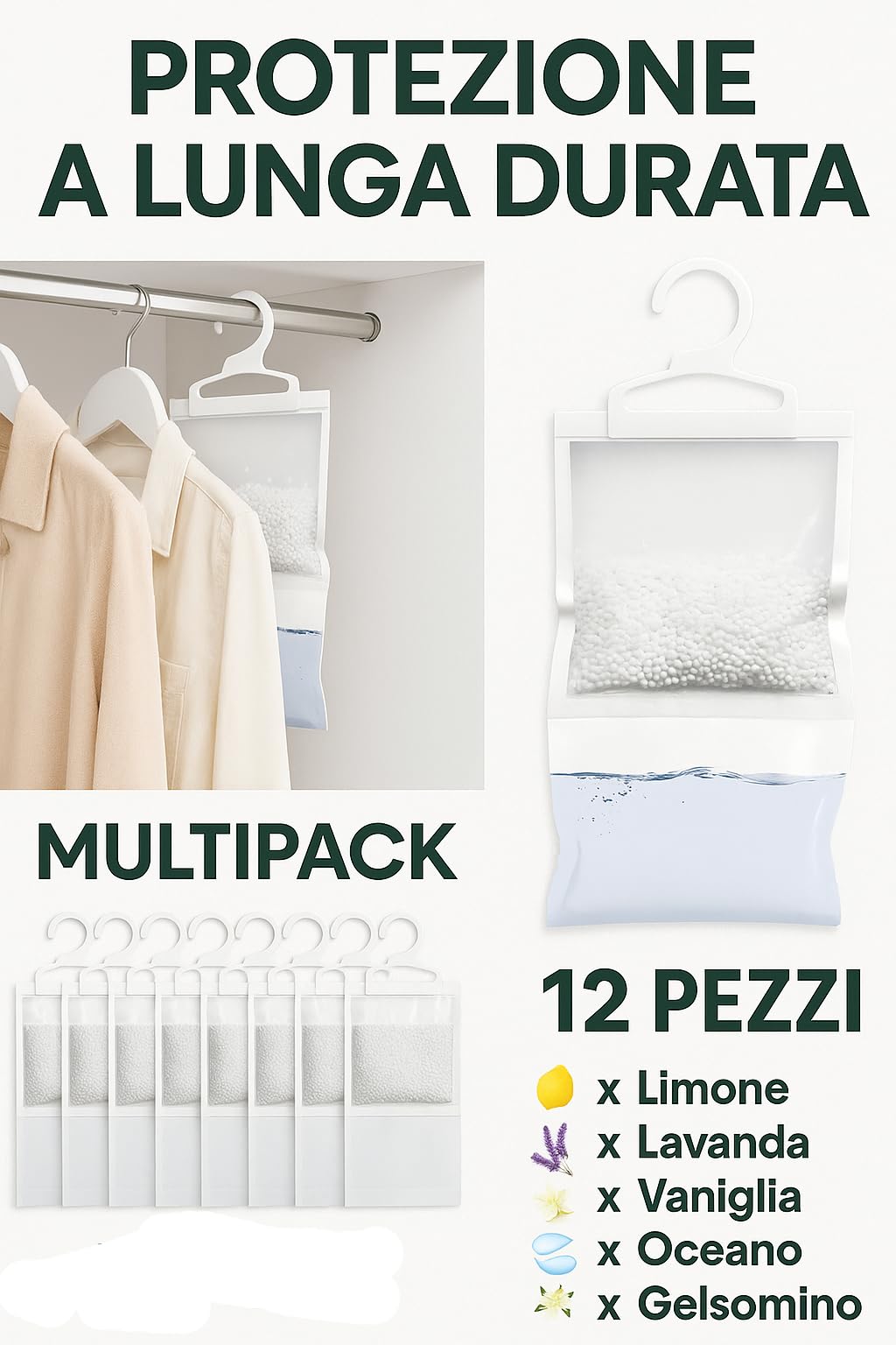 Deumidificatore Casa Profumato – Set da 12 Sacchetti Assorbi Umidità Armadio Appendibili 500ml | Antimuffa per Armadi, Cassetti, Camper Profumatori per Ambienti Chiusi – 6 Fragranze