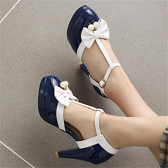 Women's Patent Shoes T Strap Mary Janes Heels Pumps Chunky High Heel Platform Ankle Strap Buckle Round Toe Cute Bow3