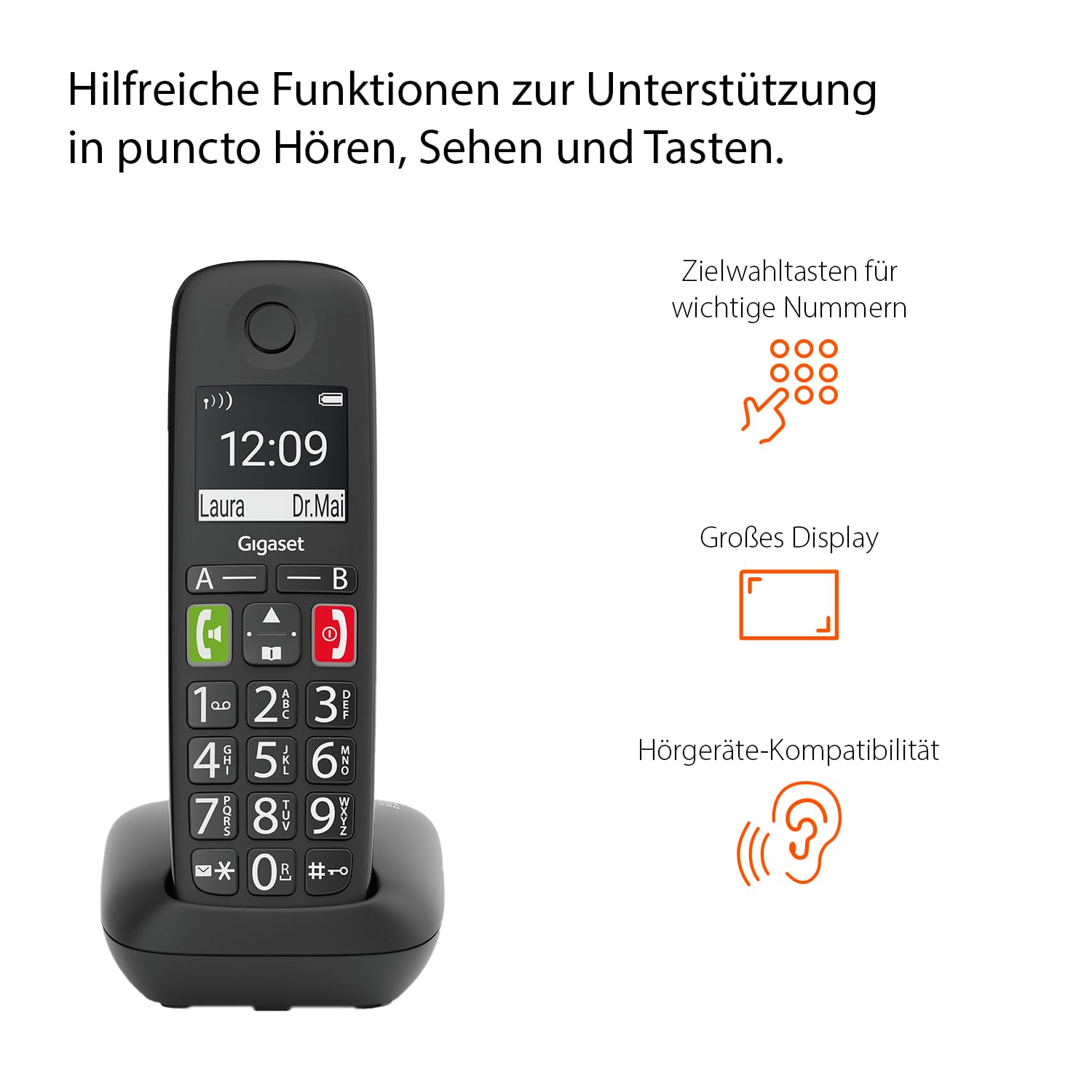 Gigaset E290HX DECT-Mobilteil Schnurloses Senioren-Telefon großes Display Tasten schwarz Fritzbox-kompatibel