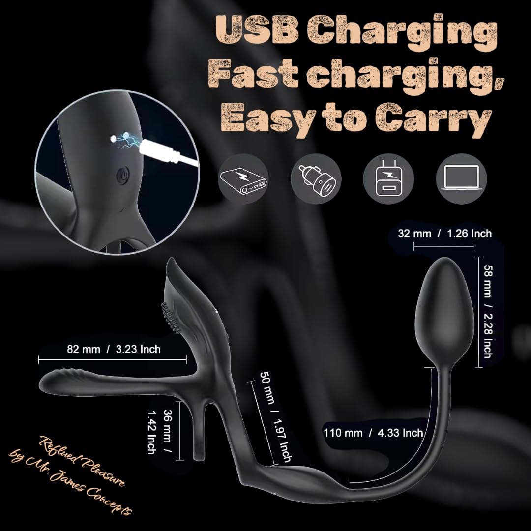 Mr. James Concepts – Stimolatore prostatico with Dual Ring – USB Magnetic Ricaricabileee maschile Vibrator, 10+10+10 modalità, Stretchable silicone, impermeabile, telecomando, Fits All