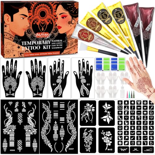 Temporary Stencils Tattoos Kit, 6 Pcs Tattoo Pastes 4 Color (2 Black 2 Brown 1 Maroon 1 Cherry Red) with Gloves Brush Tool,DIY Body Art Skin Painting Designs for Women Men Kids Party Gifts