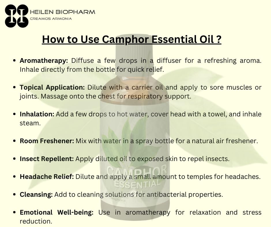 Image of Heilen Biopharm Camphor Essential Oil - 100 mL Per Bottle Pack of 1, For Aromatheraphy & Insect Repellent (Cinnamomum camphora)
