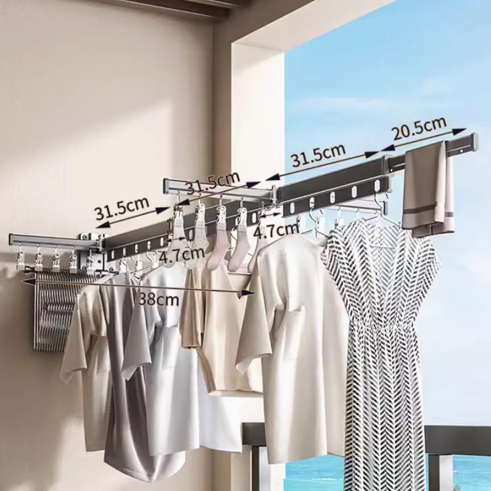 Hggzeg Clothes Drying Rack Wall Mounted, Retractable Garment Rack with Hooks - Image 2