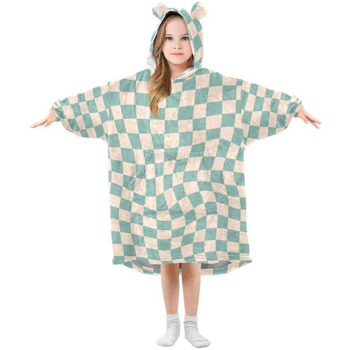 Wzór tekstury w kratkę dziecięcy koc do noszenia bluza z kapturem oversize bluza koc sweter vintage szachownica dla chłopców i dziewcząt w wieku 3-14 lat, multi, 150-170