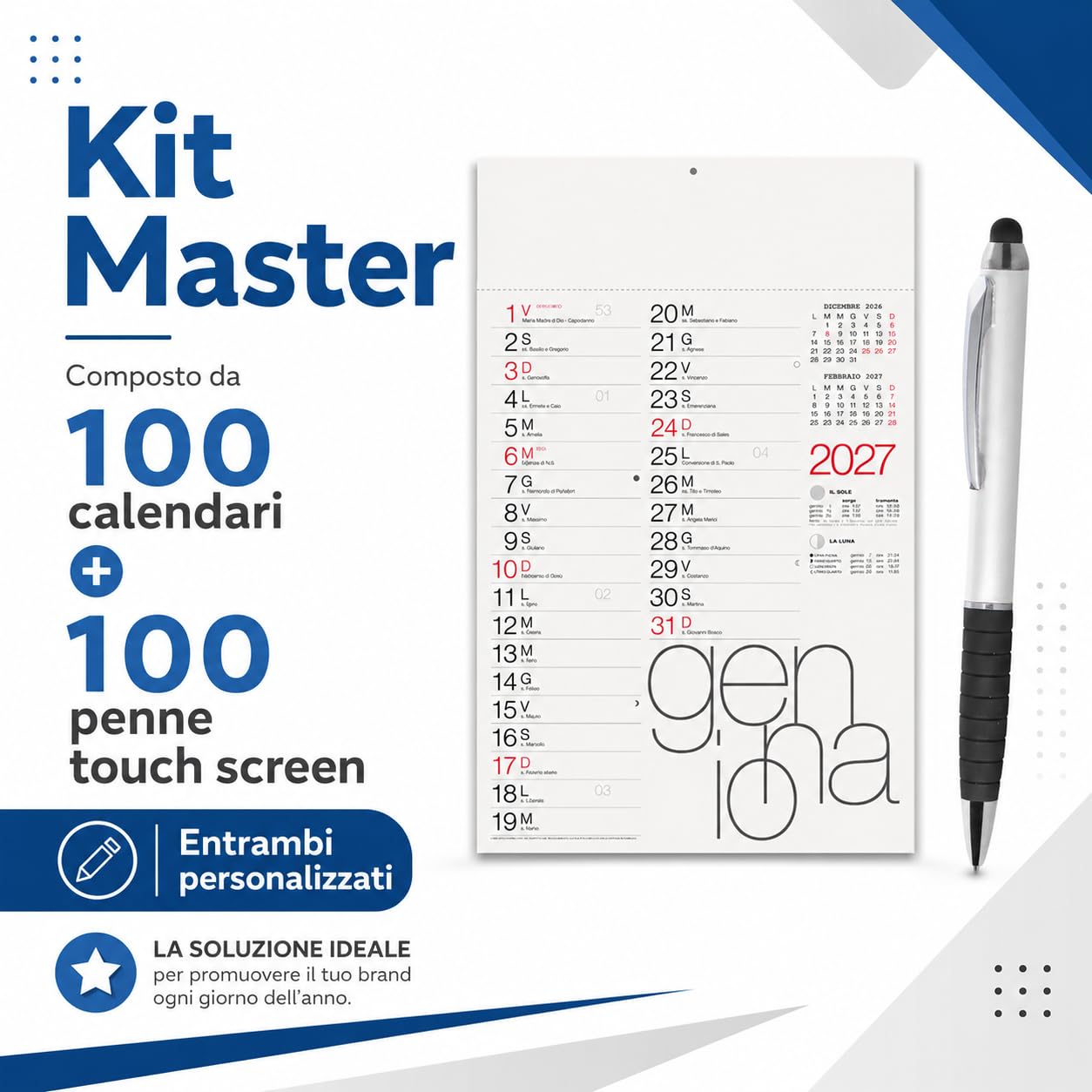 100 Calendari Personalizzati 2027 + 100 Penne Touch Personalizzate Gadget Pubblicitari di Fine Anno come Omaggio per i Clienti Promozionali Regali Aziendali. Cod. Master