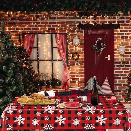 3 Pieces Snowflake Tablecloth Disposable Table Cover - 54"x108" Red and Black Check Table Cloth with Winter Snowflake for Christmas Party Supplies, Seasonal Family Gatherings, and Winter Decorations – Image 7