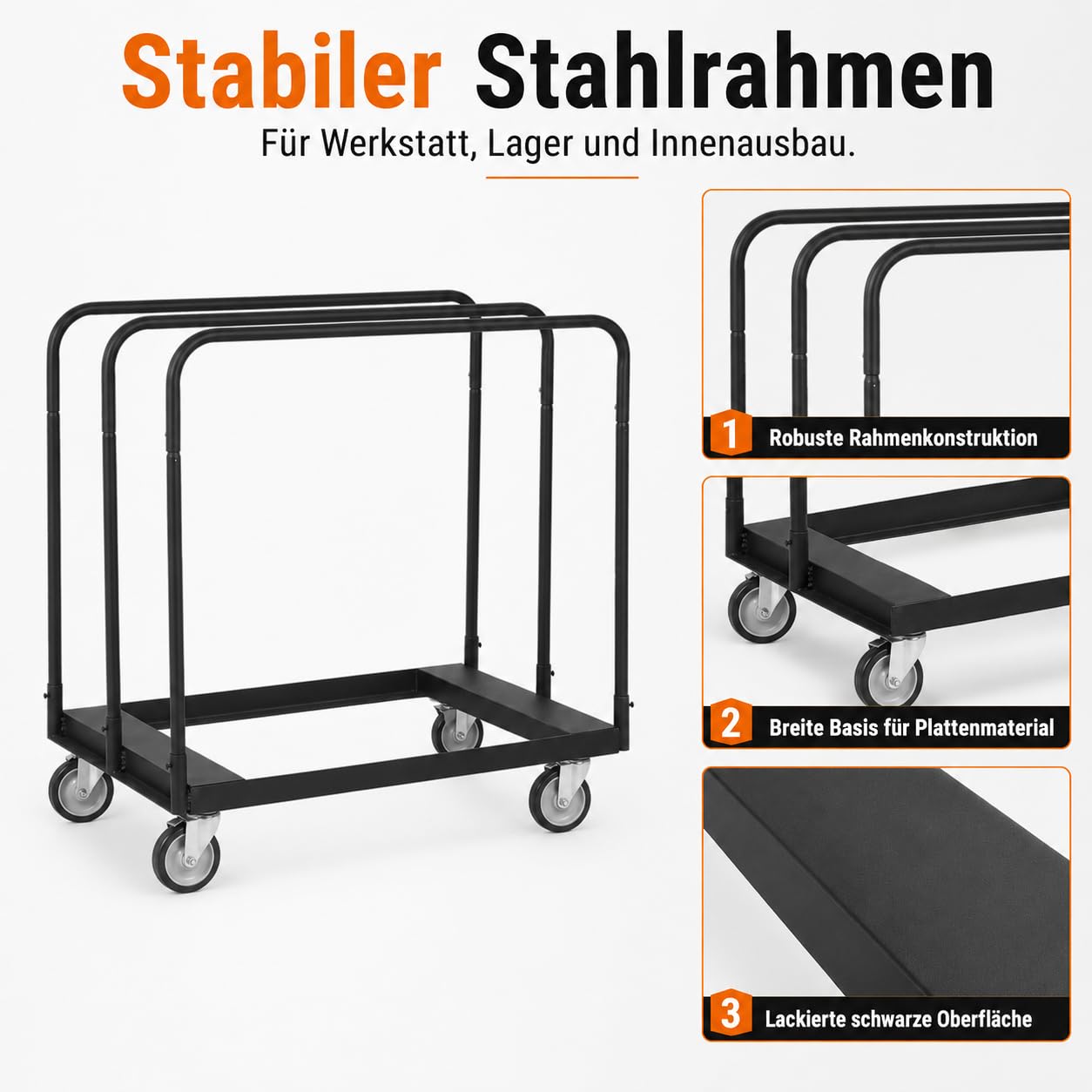 Plattenwagen 680 kg Tragkraft mit 4 Lenkrollen und Bremsen, Plattentransportwagen aus Stahl mit Zurrgurt, für Holzplatten, Gipskarton, Türen und Paneele