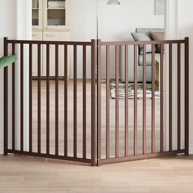 Foto 2 de 8 de vidaXL Puerta de Perros Plegable 2 Paneles Madera Abeto marrón 160 cm, Puerta para Mascotas