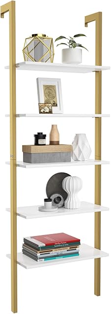 CASART 5-Tier Ladder Shelf, Modern Wall Shelf Display Rack, Plant Stand Bookshelf Storage Shelving Unit for Kitchen, Living Room and Office(White+Gold, 61x30x183cm)