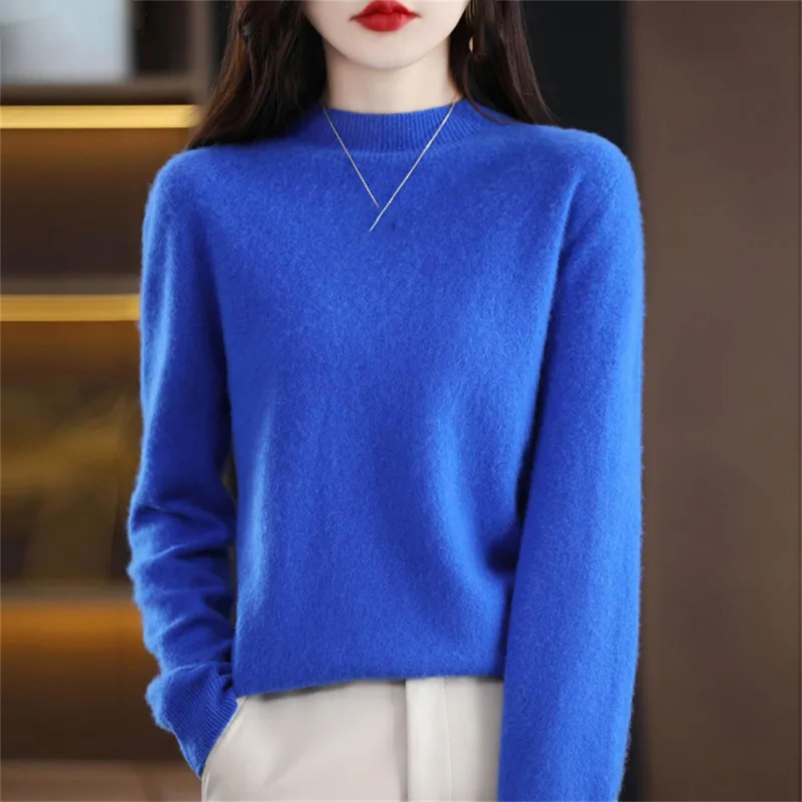 Suéteres de cachemira para mujer, suéter de punto redondo para otoño e invierno, cálido, de cachemira, de manga larga, suéter de lana para mujer