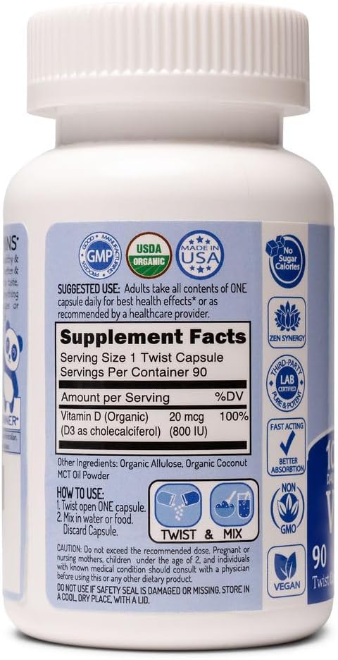 100% Organic Vitamin D3 Supplement | 100% Of Your RDA | For Strong Bones & Healthy Immunity | Unique Twist & Mix Design | GMO Gluten Vegan & Taste Free | Adults & Kids Ages 4 & Older | 90 Servings
