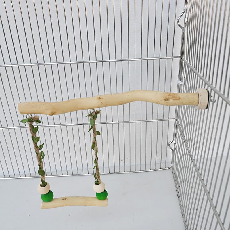 Natural Wooden Bird Swing, 25cm Perch with Braided Leaf Rope, Budgie Cage Toy, Natural Wood And Green