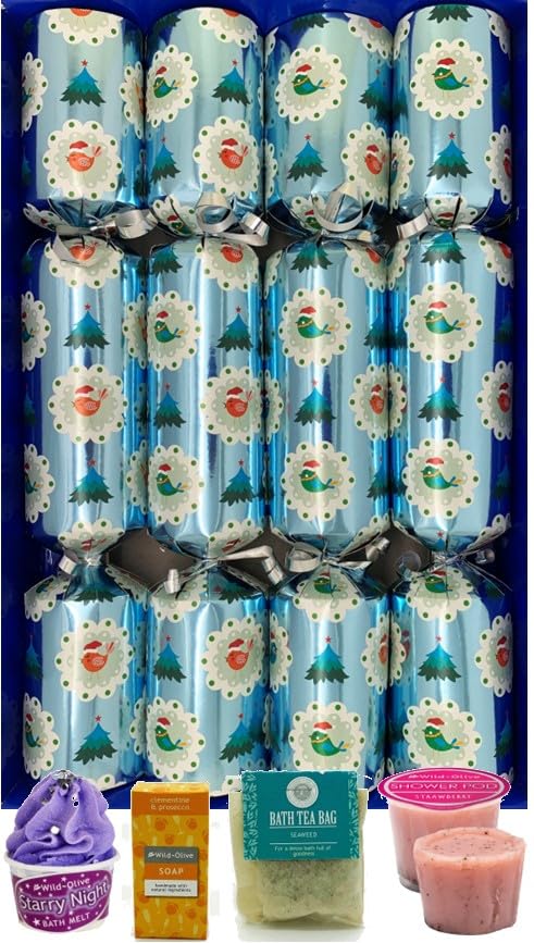 Crackers Ltd Set of 4 Winter Bird Design Christmas Crackers- Pamper Conent - Bath Melt, Soaps, Shower Pod and Bath Tea Bag