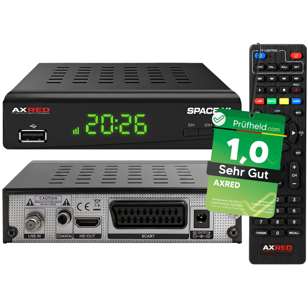 [ Test SEHR GUT, Note 1.0 *] AXRED Space X1 HDTV Sat Receiver mit Aufnahmefunktion, HD fähig, Full HD, Digital Sat-Receiver für Satellitenschüssel Satelliten Satellit TV Fernseher, HD-Receiver, HDMI