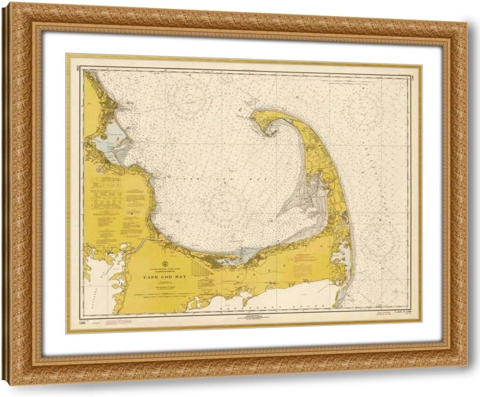 ArtDirect Nautical Chart - Cape Cod Bay ca. 1970 - Sepia Tinted Custom Framed Art Print Giclee Print or Canvas Options with Various Sizes and Customization by NOAA Historical Map-Chart