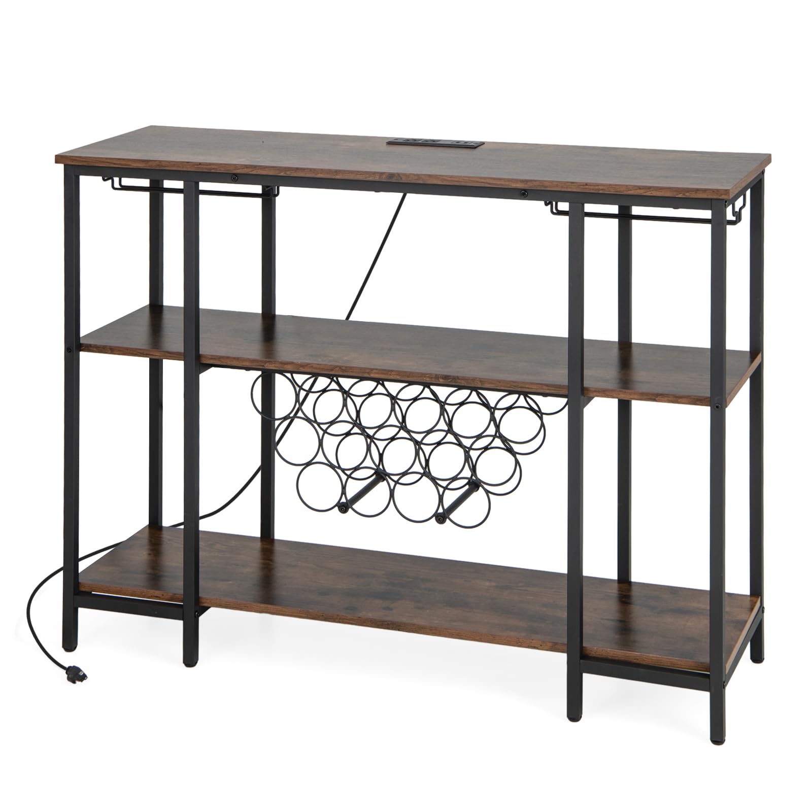 KOMFOTTEU Armario Bar de Vino de 3 Niveles, Botellero con con 2 Puertos USB y 2 Enchufes, Estantería de Almacenamiento para 15 Botellas con Portavasos, para Cocina, Salón, 113 x 35 x 85 cm (Marrón)