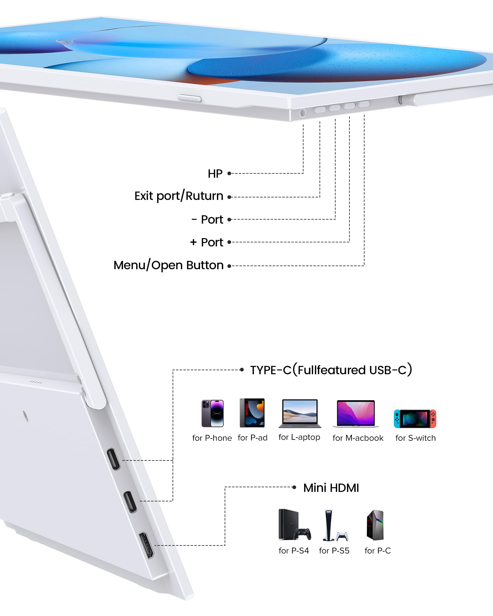 UPERFECT Monitor Portatile 15,6" 125% sRGB Schermo Esterno Bianco con Custodia, 2000:1 Contrasto FHD 1080P HDR Eyecare, Stand Regolabile 180° Integrato & VESA, Monitor Secondario per Laptop PC Mac