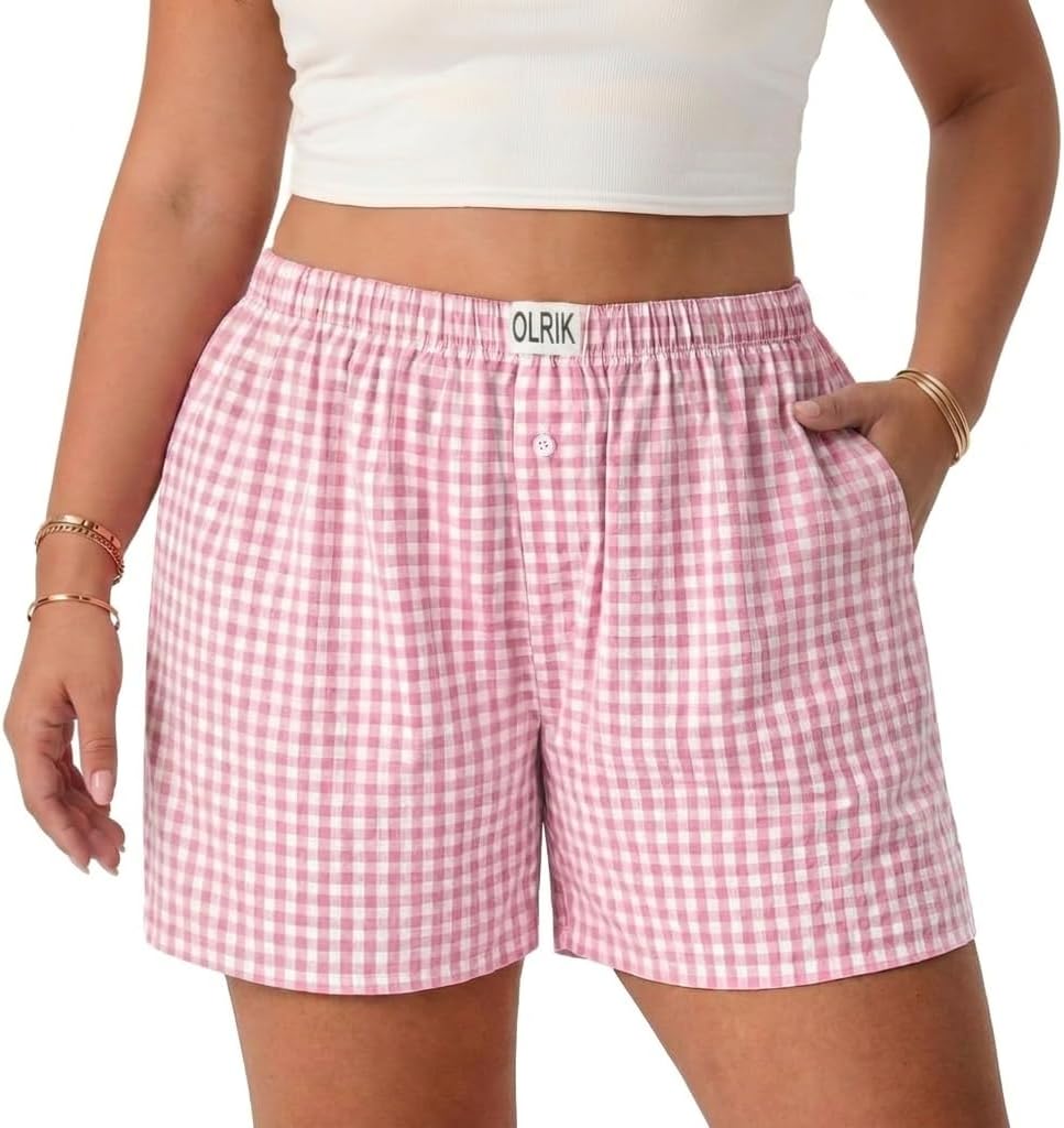 OLRIK Plus Size Boxer Shorts for Women 2026 Casual Gingham Pajama Bottoms Elastic Waist Plaid Beach Sleep Shorts with Pockets