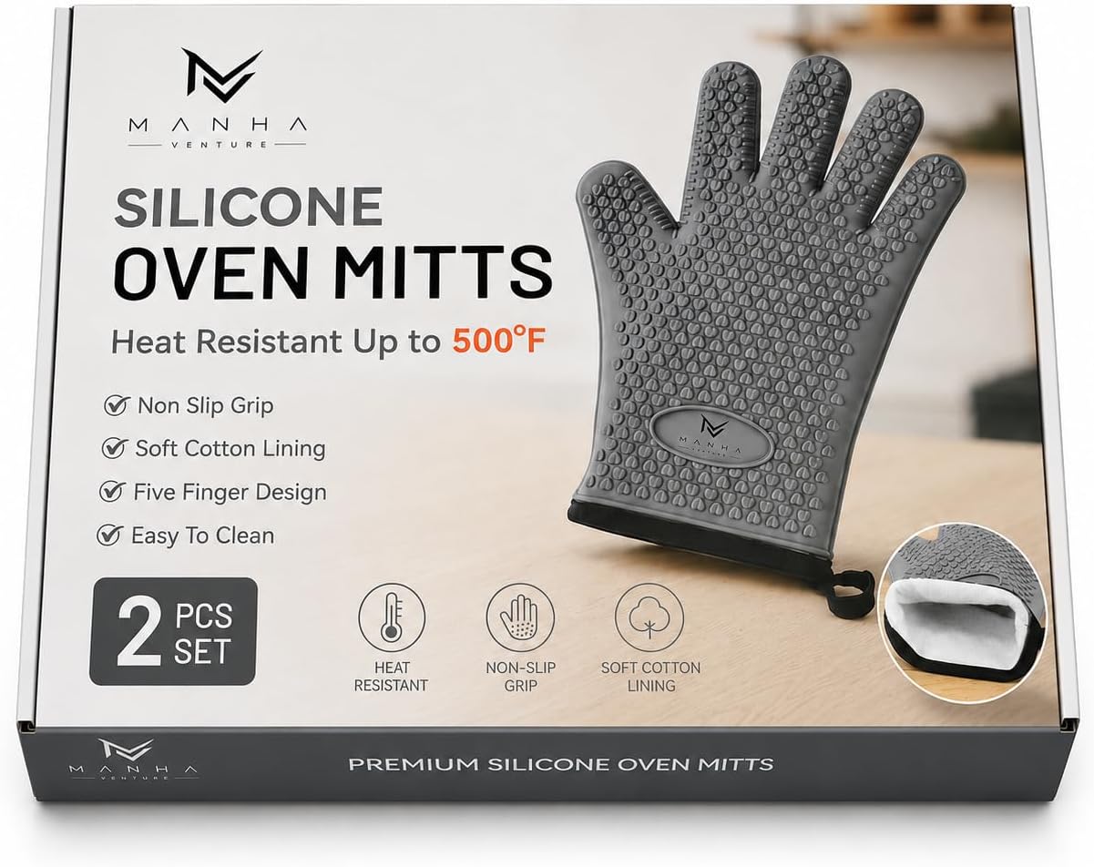 Silicone Oven Mitts, Five Fingers, Waterproof Non-Slip Oven Gloves, BPA-Free, Heat Resistant up to 500°F, 2-Pack (Gray)