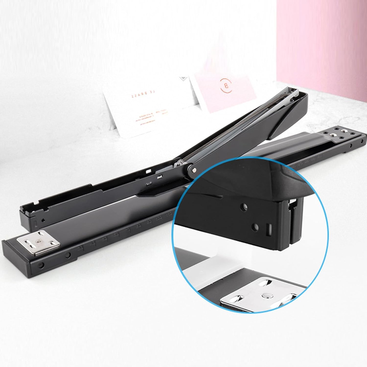 Long Arm Stapler, Grapadora 20 Sheets Capacity Built in Ruler Plastic Black, Swiel Stapler, 360 Degree Rota Desktop Staplers for Home School Craft Projects, Larger Paper, Cards