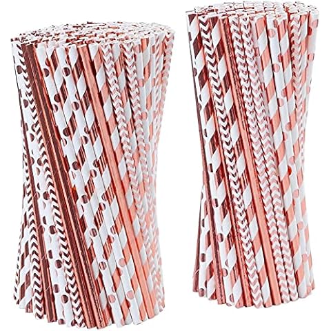 Adiya 100 Piece Of Paper Drinking Straws, Decorated With Rose Gold Slide, Striped, Disposable Drinking Straws, Biodegradable, Solid Paper Straws For Party, Wedding, Celebration, Decorations Drinking C Cover