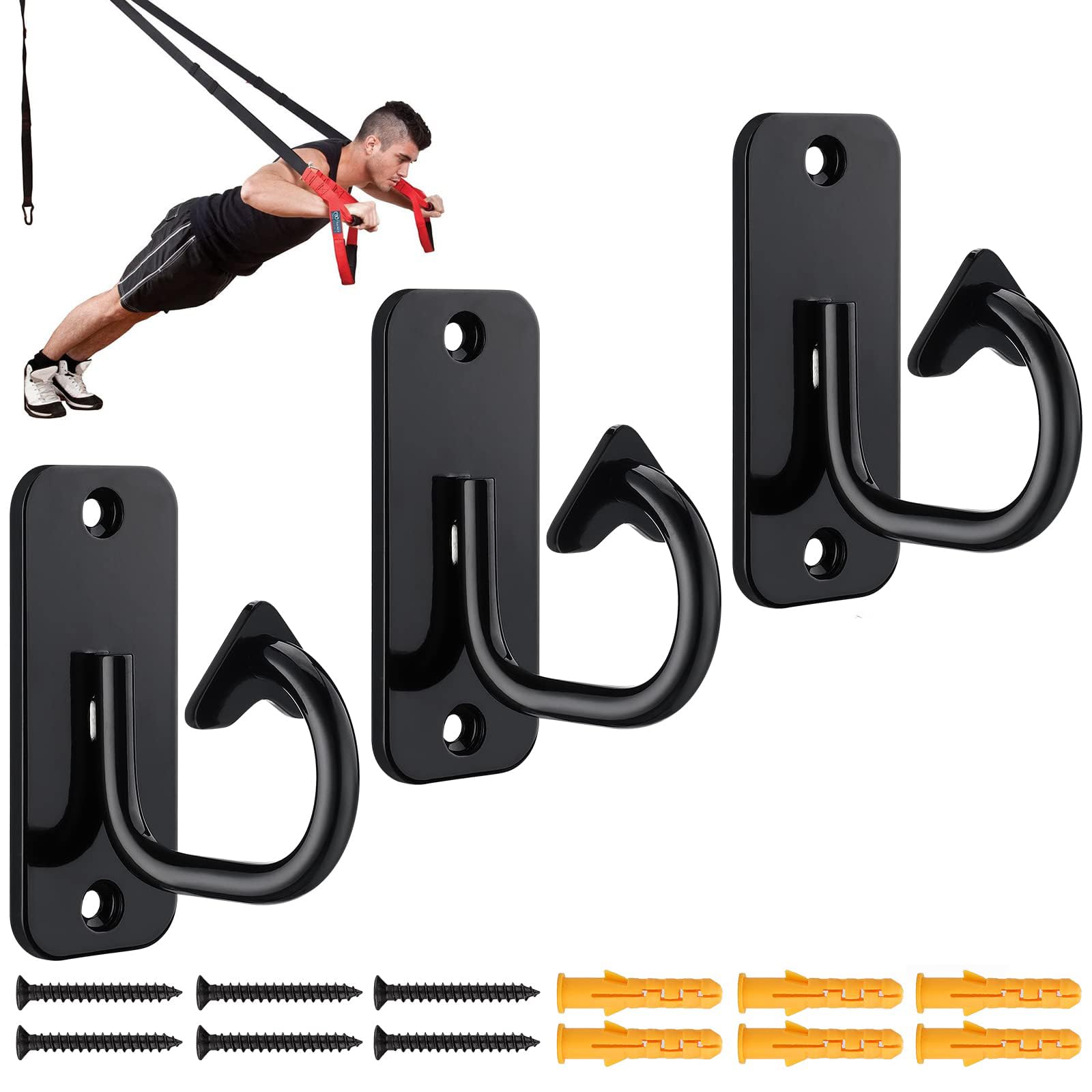 NALACAL 3PCS Workout Wall Mount Anchors, Heavy Duty Resistance Band Wall Anchor, Home Gym Exercise Anchors, Ceiling Mounted Hooks Exercise Strap Anchor for Body Weight Straps, Strength Training, Yoga