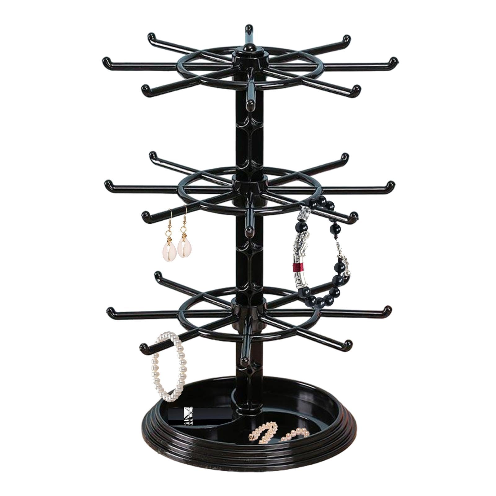 Présentoir à Bijoux Rotatif Avec 8 Crochets - Support Pour Colliers, Bracelets, Bagues - Noir - 28,5x20,5x20,5 Cm