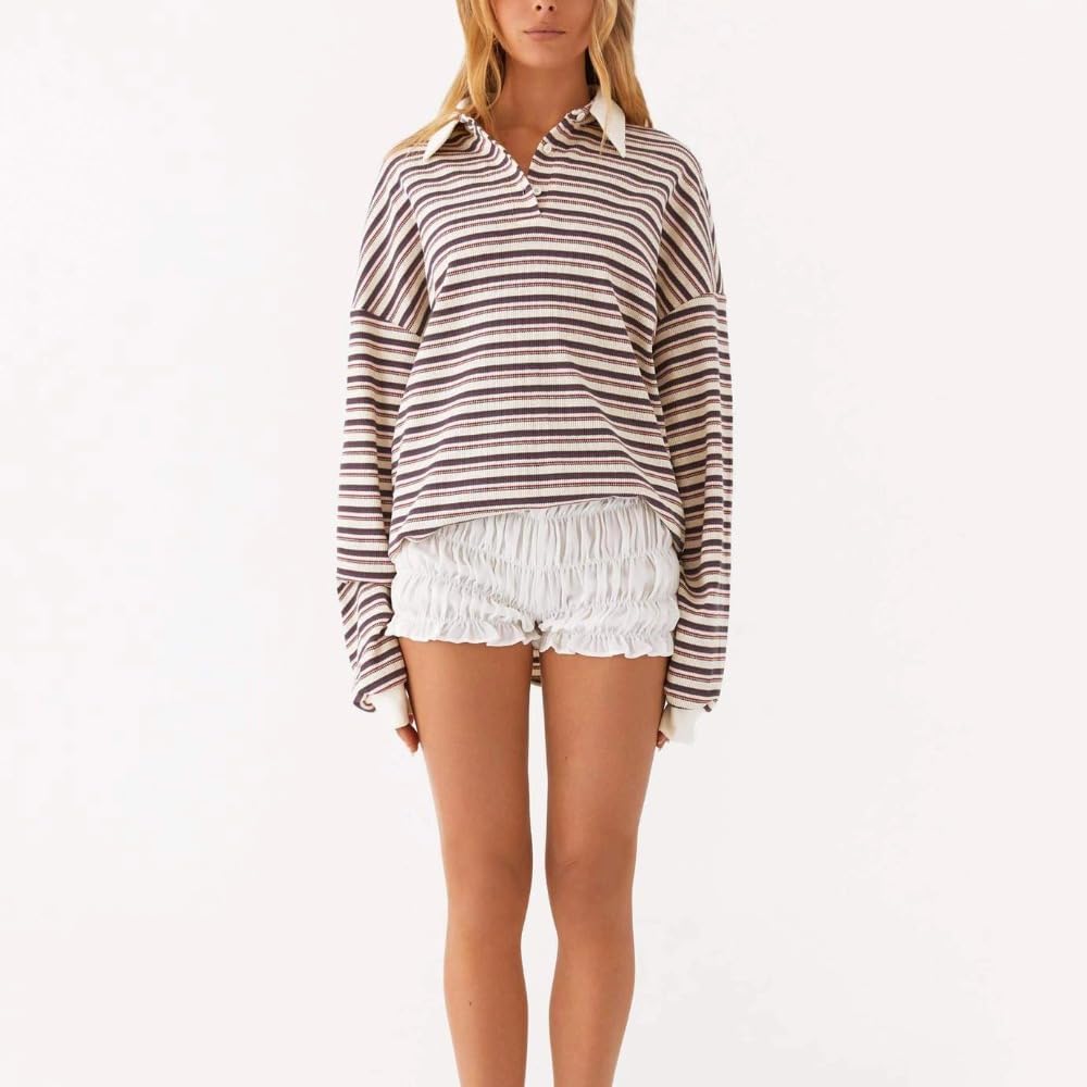 Womens Oversized Striped Y2k Sweatshirt Lapel Collared Rugby Shirt Trendy Casual Polo Sweatshirt Streetwear - Image 5