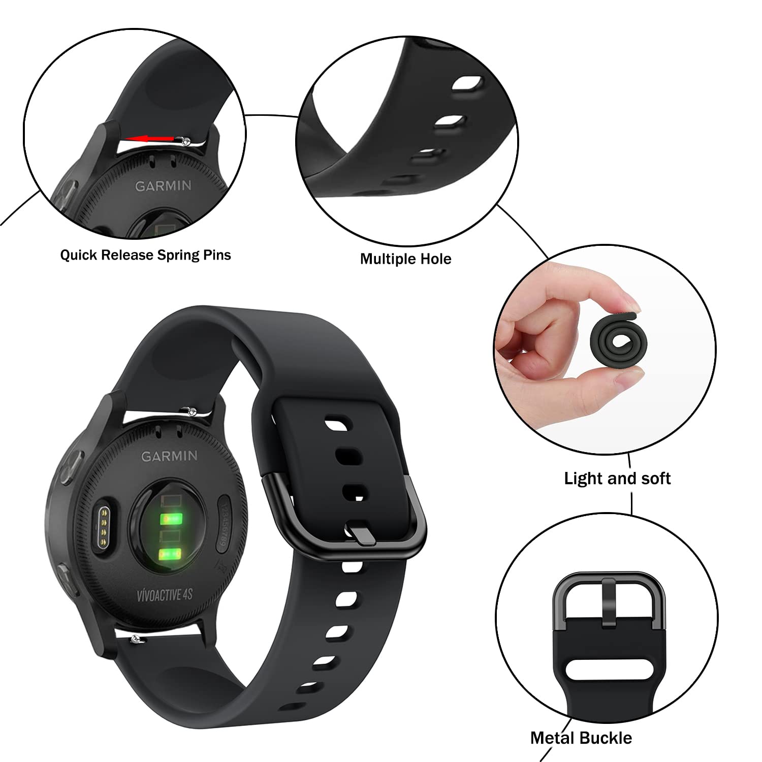 Forerunner 165 Cinturino Silicone Per Garmin Vivoactive 3/5 - 20mm, Morbido, Quick Release, Nero Bracciale Orologio - Foto 9