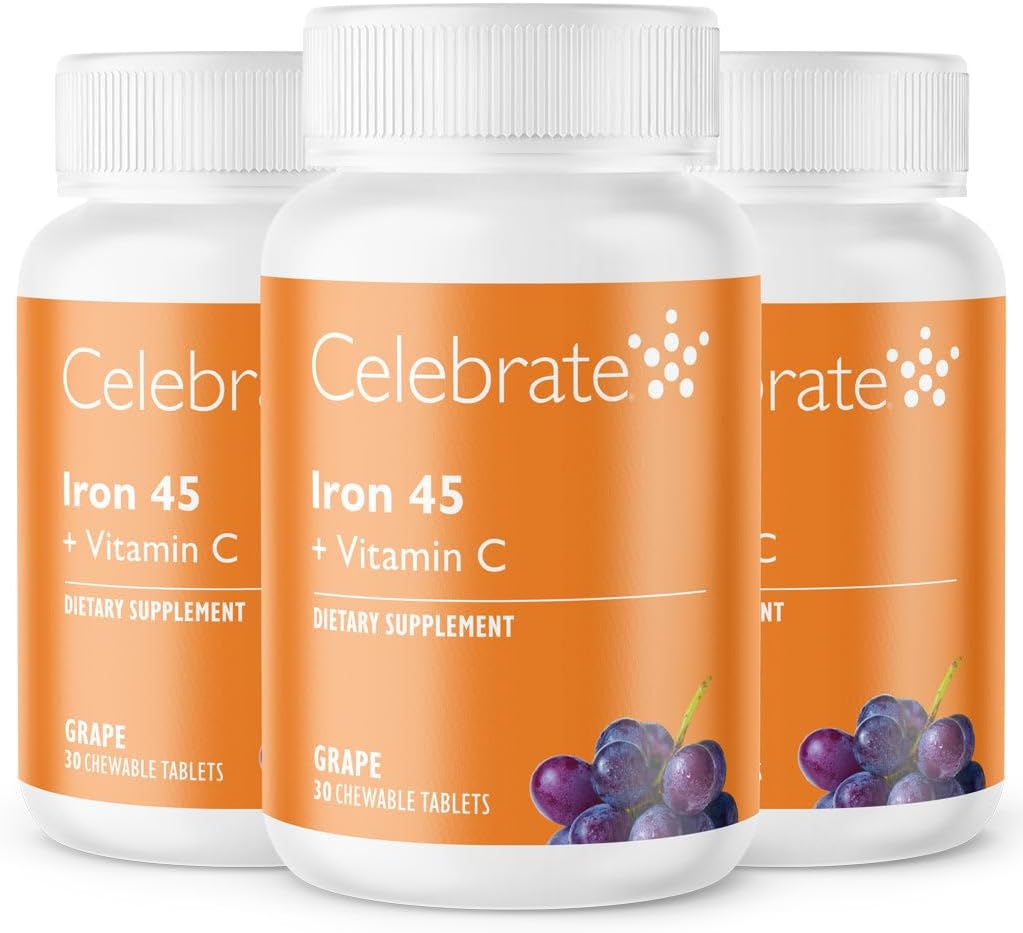 Celebrate Vitamins Iron Supplement with Vitamin C – 45mg Iron, 60mg Vitamin C, Bariatric Vitamins for WLS Patients, Vertical Sleeve & Gastric Bypass Surgery – Grape, 90 Chewable Tablets