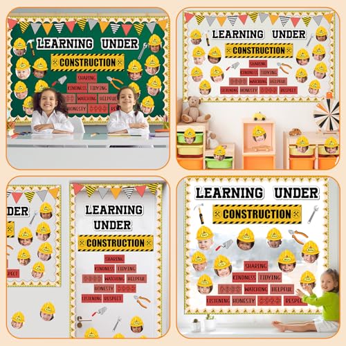 Image of gisgfim Construction Bulletin Board Decorations Learning Under Construction Paper Cutouts DIY Photo Helmet Motivational Bulletin Board Set for Back to School Teacher Classroom Wall Decor Supplies