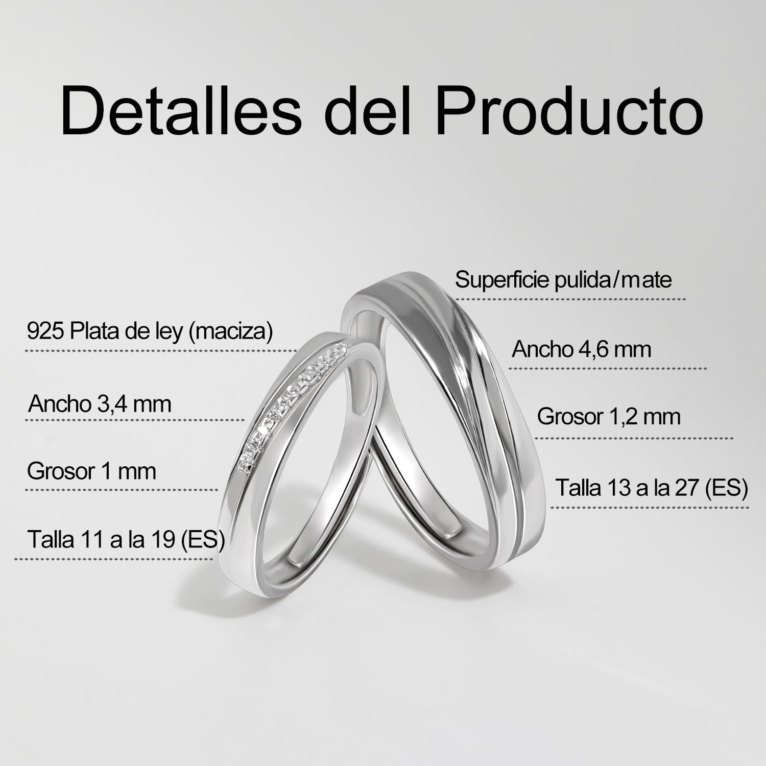 Meissa Anillos de Pareja para Hombres y Mujeres Anillos de Boda de Plata 925 Anillos de Aniversario de tamaño Ajustable Set Anillo de promesa