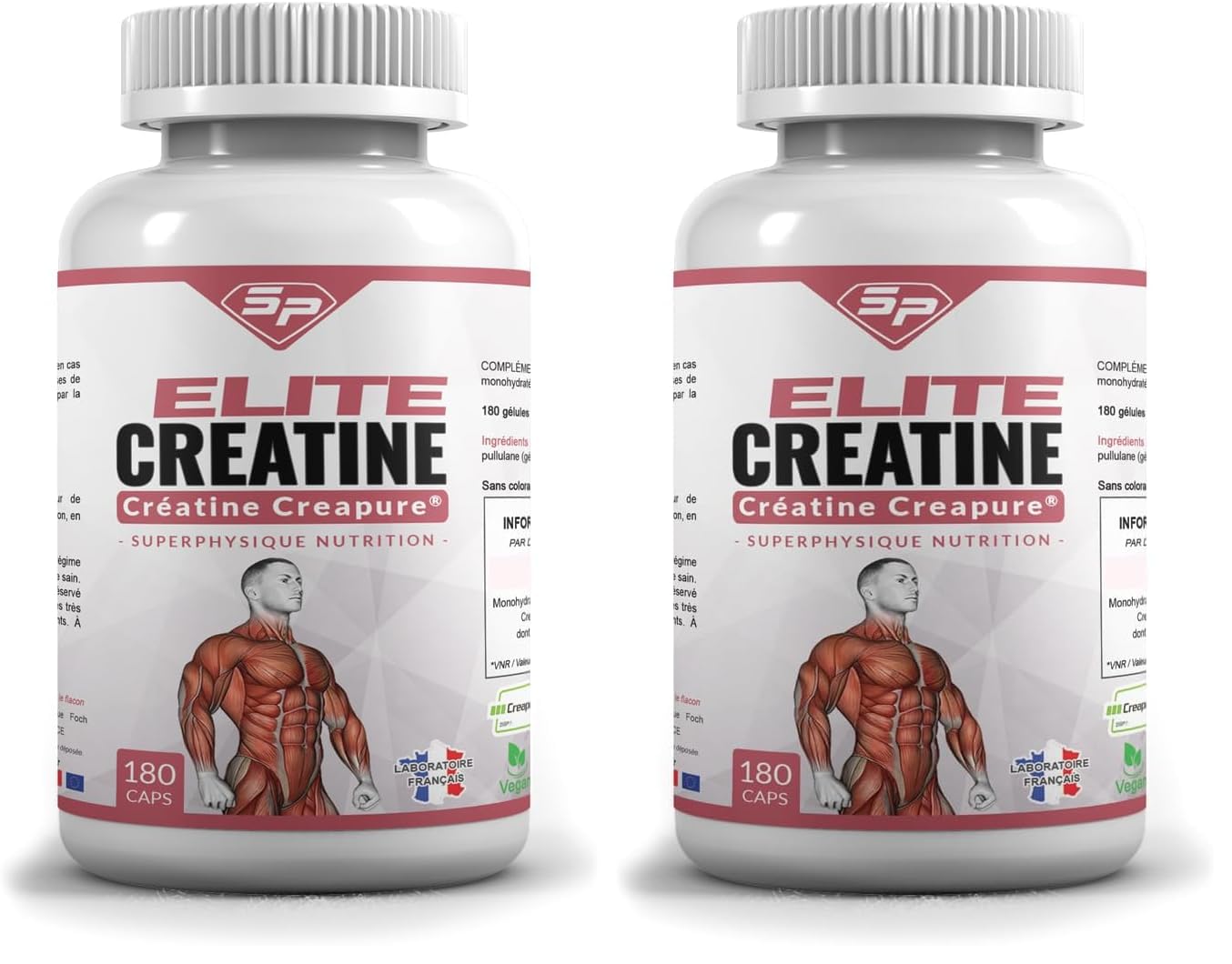 Elite Créatine – 100% Creapure Monohydrate – 180 Gélules Végétales Pullulan – Performance, Force et Puissance Musculaire – Fabriqué en France (Lot de 2)