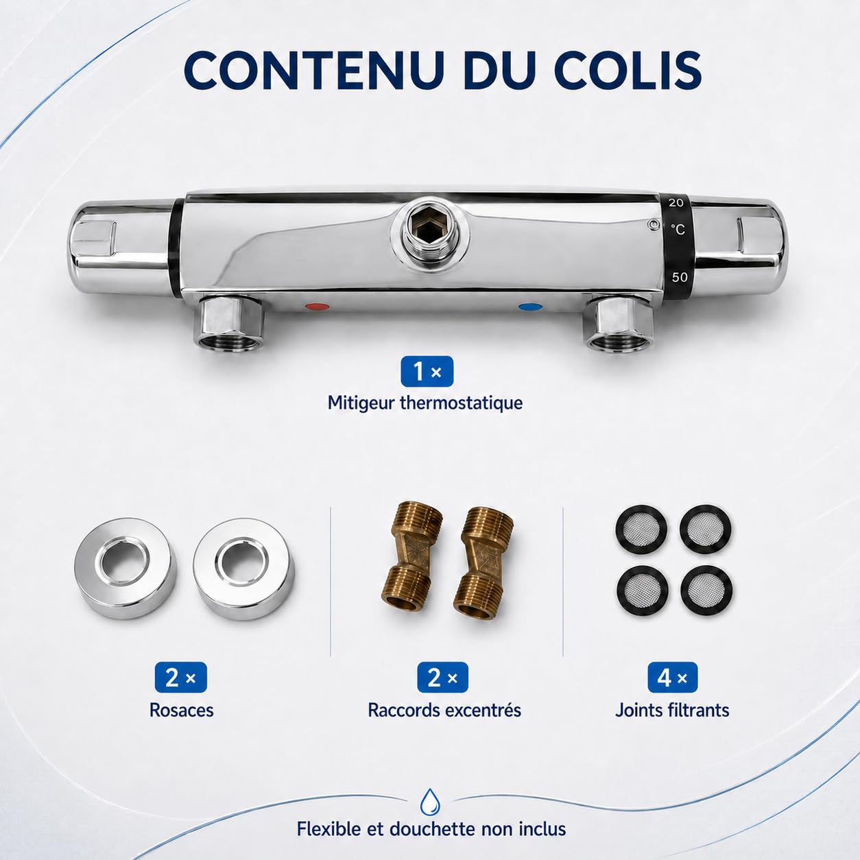 Grifo Ducha Termostático con Botón de Seguridad 38°C para Baño Moderno G1/2 | Cuerpo de latón cromado con conexión G1/2; mantiene una temperatura constante y ayuda a prevenir cambios bruscos y quemaduras