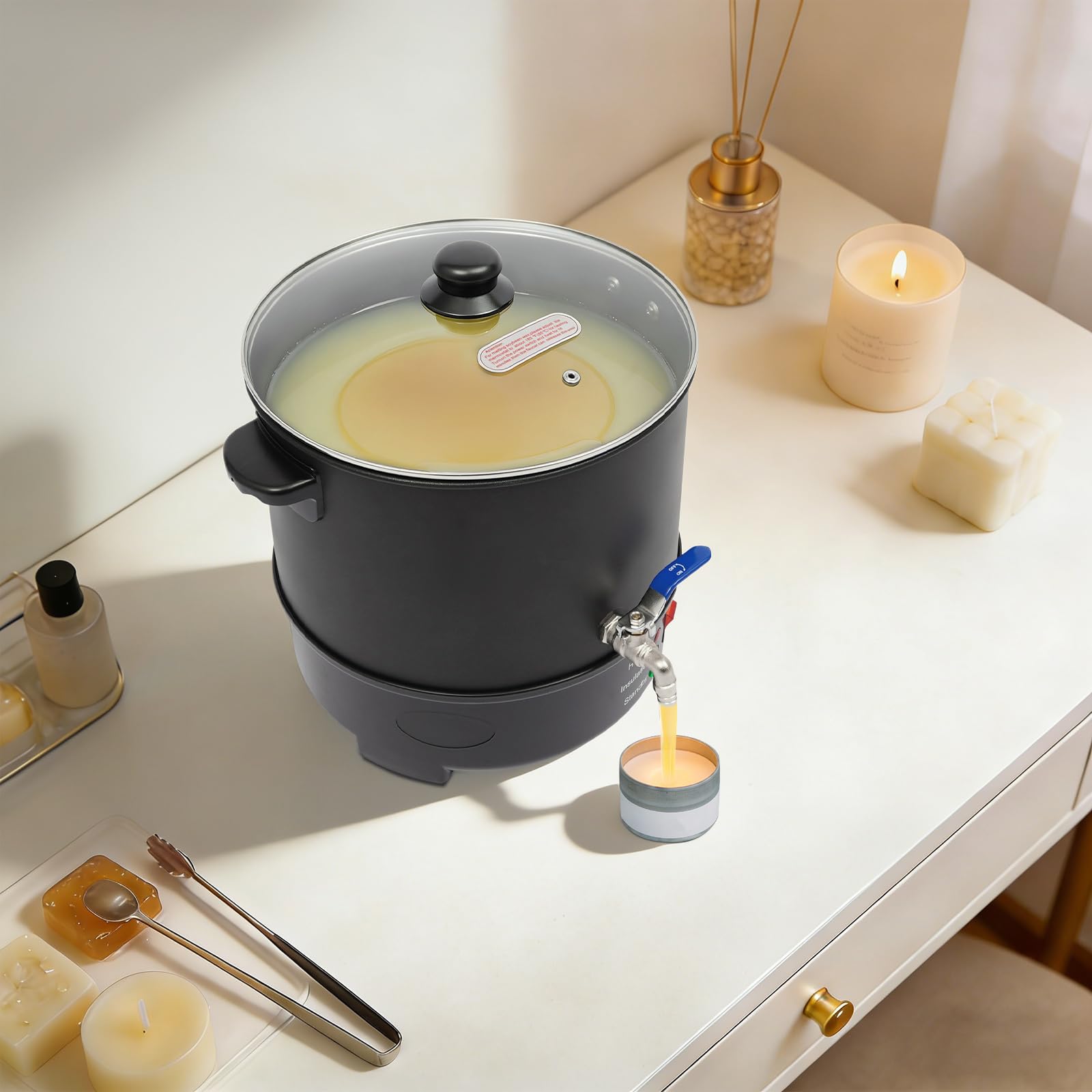 Lumivew Scaldacera da 1000 W, in acciaio inox, per la produzione di candele, con rubinetto in rame, intervallo di temperatura 50-100 °C, adatto per cera di soia, cera d'api, cera di paraffina (10 l)