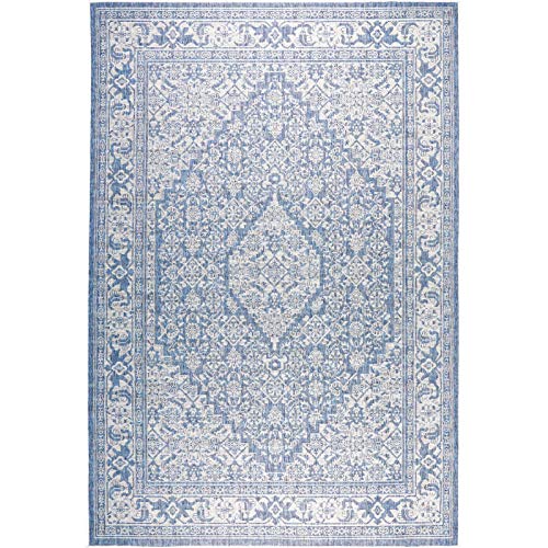 Nicole-Miller-New-York-Patio-Country-Dahlia-Transitional-Medallion-IndoorOutdoor-Area-Rug-BlueGrey-52×72 Nicole Miller New York Patio Country Dahlia Transitional Medallion IndoorOutdoor Area Rug BlueGrey 52×72