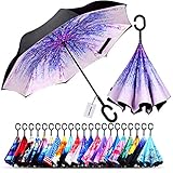 Owen Kyne Windproof Double Layer Folding Inverted Umbrella, Self Stand Upside-Down Rain Protection Car Reverse Umbrellas with C-Shaped Handle (Wisteria Tree)