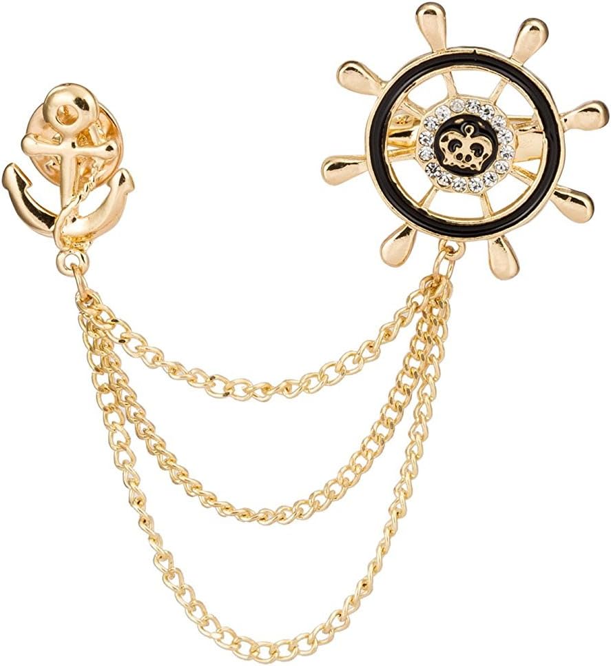 KnighthoodSteering Wheel Royal Crown Rudder Anchor Tassel Chain Brooch for Men - Gold