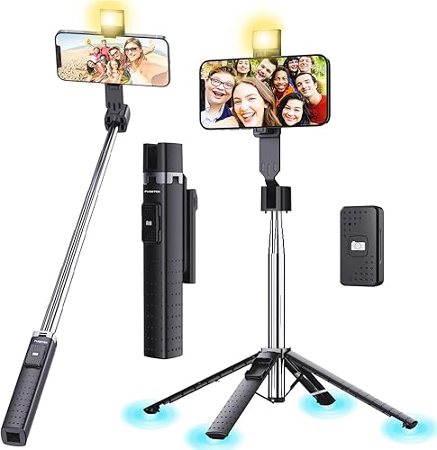 Fugetek Soporte para selfie iluminado cuádruple de 40 pulgadas, ligero de 7 onzas, control remoto inalámbrico Bluetooth, patentado ultra estable, 4
