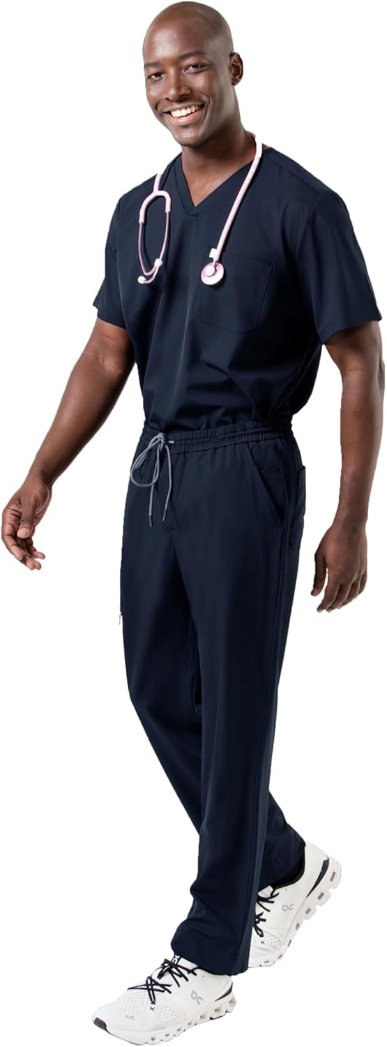 Men's Single Pocket Top and Zipper Pocket Straight Pants Scrub Sets - Eco Navy