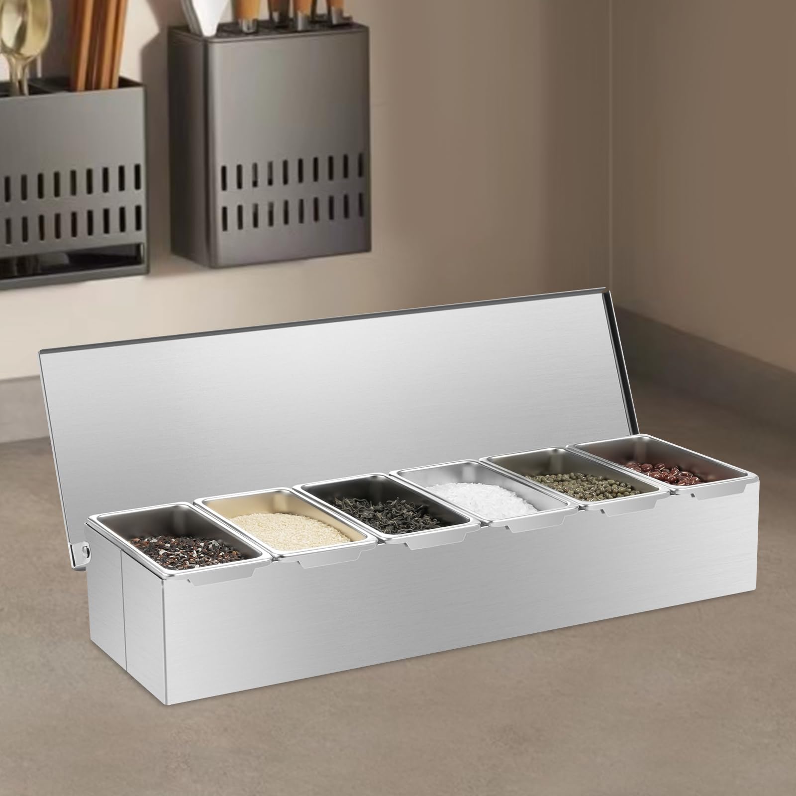 Boîte à épices à 6 grilles en acier inoxydable avec 6 compartiments de nettoyage amovibles pour buffet, bar à salade, restauration, station à pizza