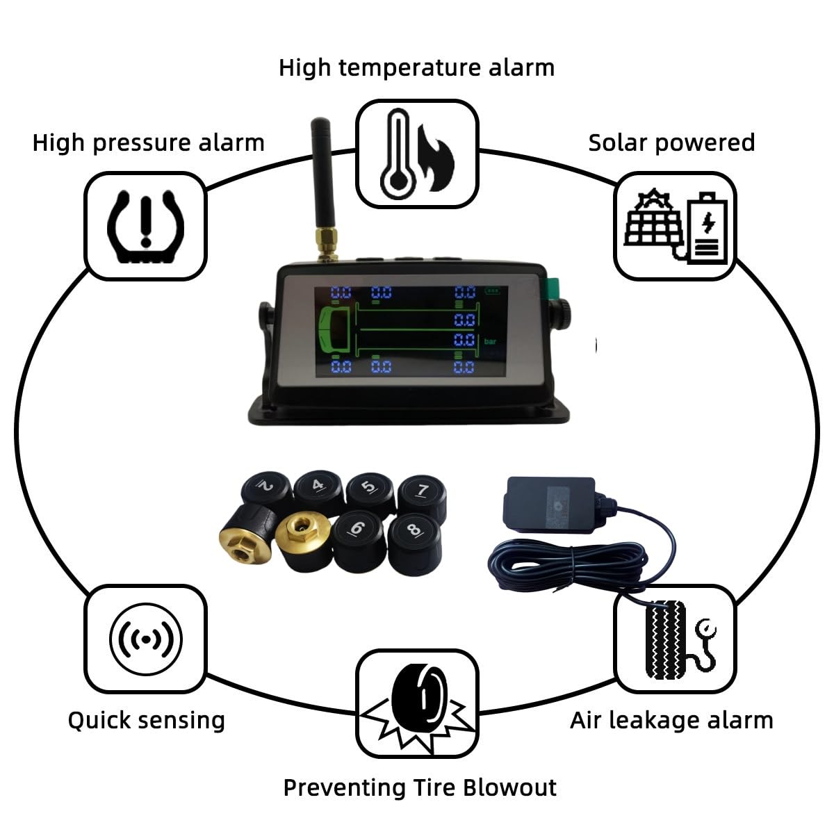 2024 Nuovo aggiornamento 18Bar/261PSI Heavy Truck Solar TPMS Tire Pressure Monitor 6 principali funzioni di allarme per il monitoraggio in tempo reale della pressione e della temperatura dei