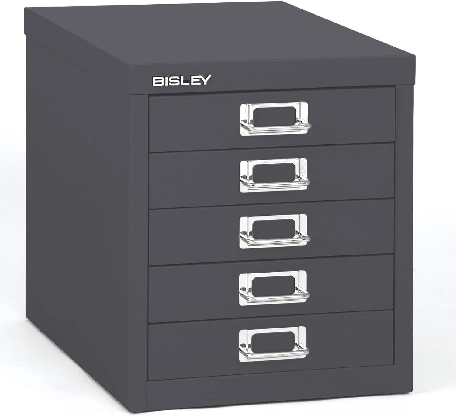 Bisley 5-Drawer Steel MultiDrawer Cabinet - Anthracite Grey, Chrome Pull Handles with Label Holders, Powder-Coated Steel, Removable Drawers, Desktop Storage, Labels Included