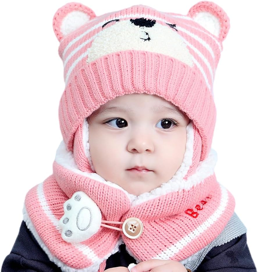 Cute Baby Winter Hat Scarf Set 6-36 Months Baby Girls Boys Knitted Beanie Hat with Earflap and Chin Strap Fleece Lining Toddler Neck Warmer Ear Warmer Little Kids Hat Set