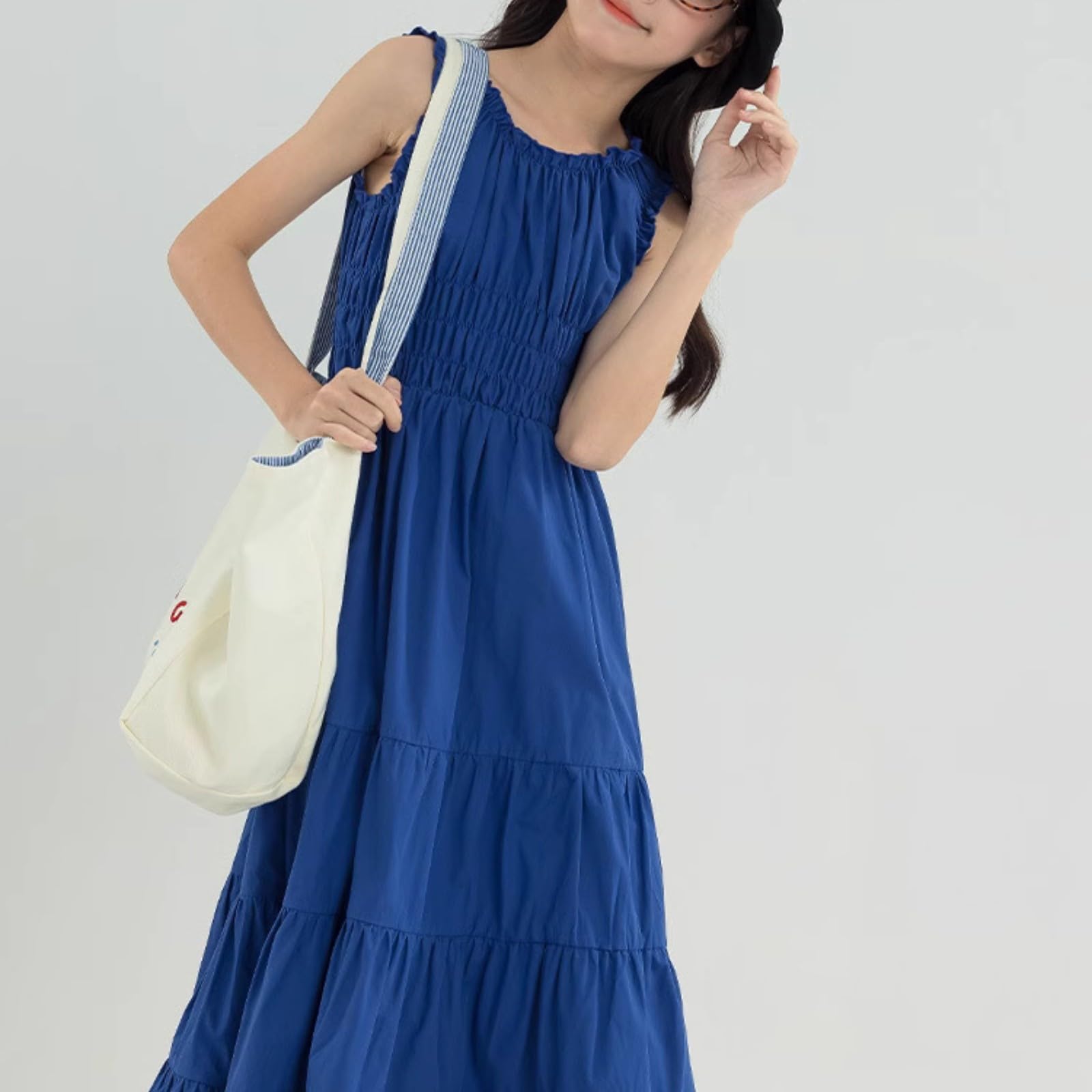 Vestido de verano para niña, sin mangas, cuello redondo, con volantes, vestido largo de línea A, vestido de playa, elegante, vestido de princesa, vestido informal para niños