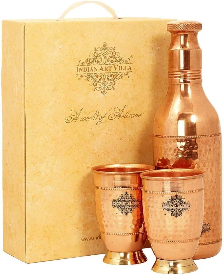 INDIAN ART VILLA Pure Copper Drinkware Gift Set of Cocktail Design 1 Bottle & 2 Glass with Gift Box, Gift Item for Diwali, Bithday & Parties, Bottle-1.15 liter & Glass-450 ml